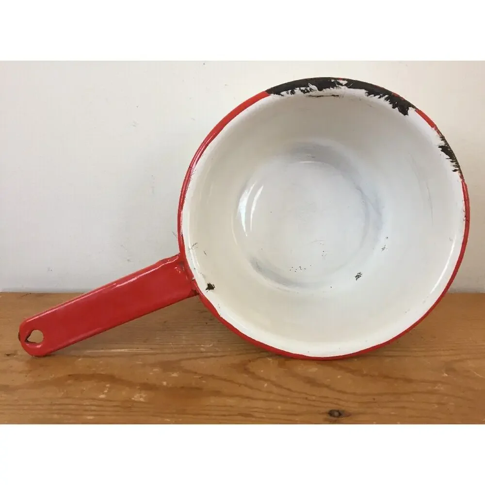 Vintage Antique White Red Metal Enamelware Primitive Small Sauce Pot Pan 7